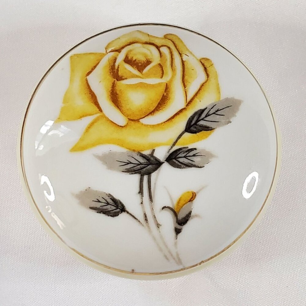 VTG Yellow Rose Trinket Holder Jewelry Box Porcelain Round Gold Trim Japan